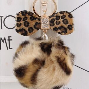 Love Leopard Print Bow Keychain with Fur Pom Pom